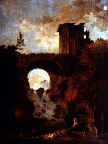 En Capriccio av ett ruinerat tempel vid en bro över en kaskad med en gungbräda fest av Hubert Robert