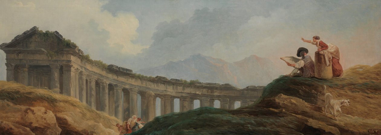 En pelargång i ruiner. av Hubert Robert
