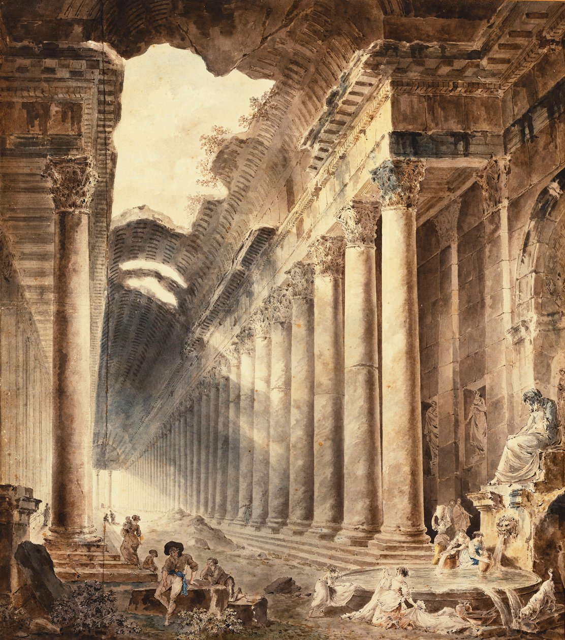 En termisk byggnad med pelare, taket delvis öppet mot himlen, med flickor som tvättar kläder vid en fontän nedanför en staty, av Hubert Robert