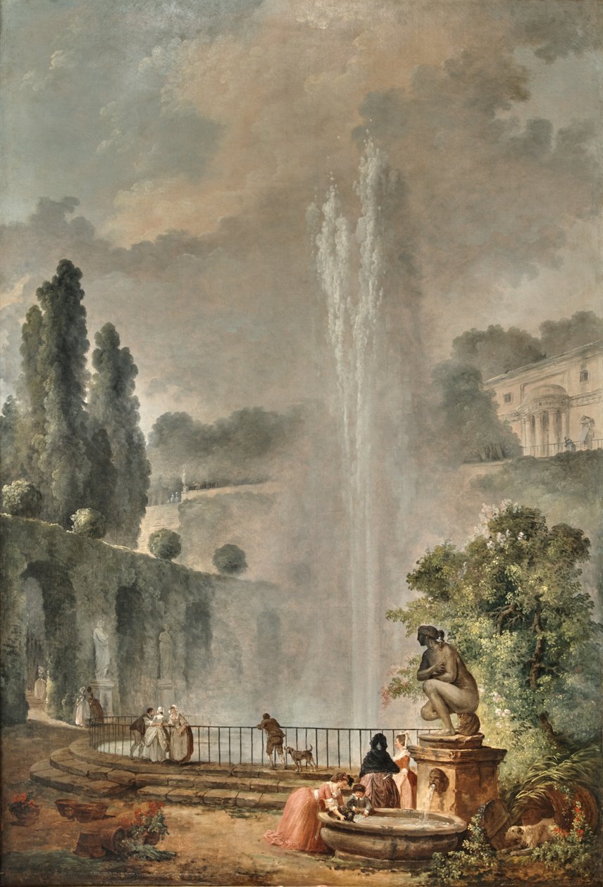 Trädgårdslandskap med en villa med utsikt över en stor fontän av Hubert Robert
