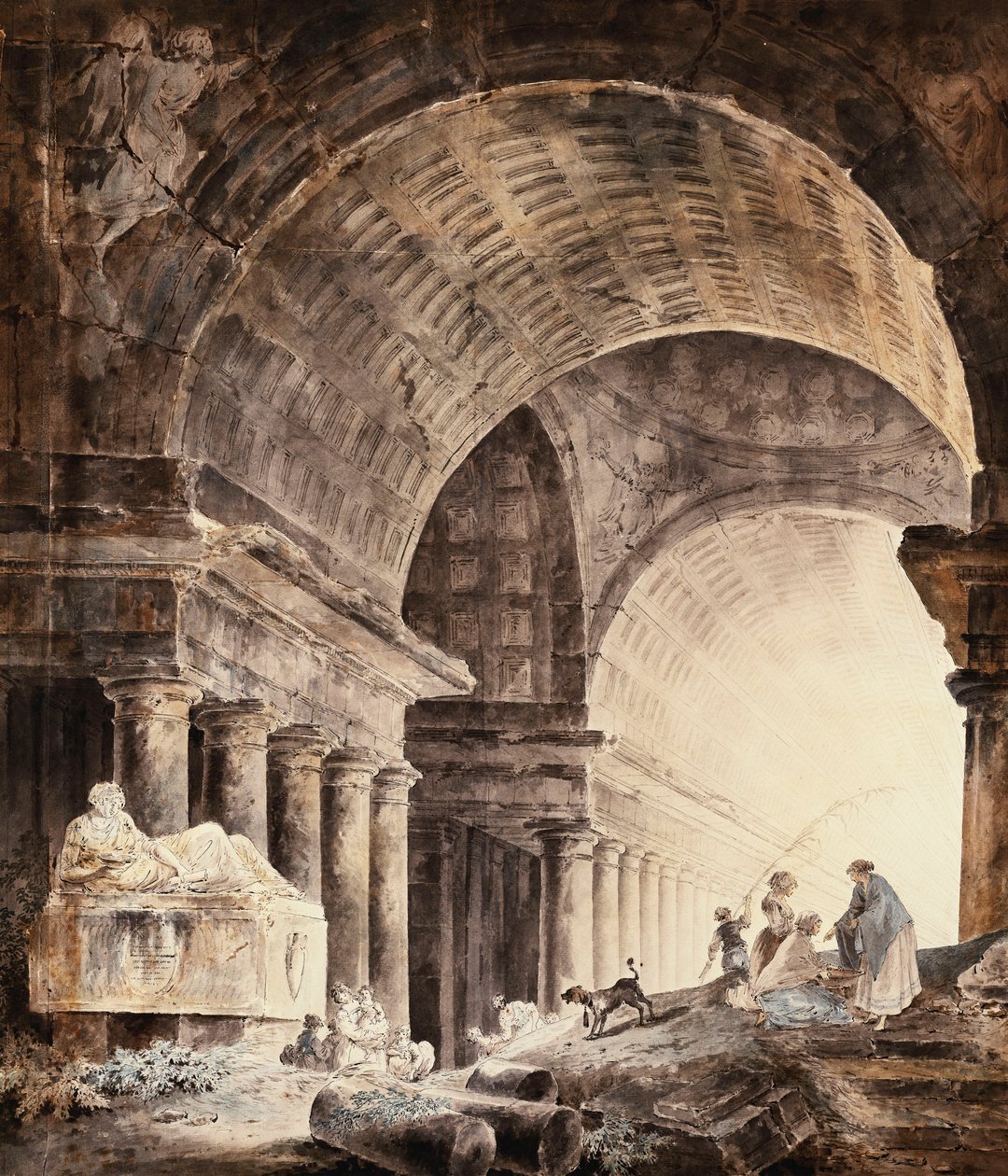En stor byggnad med korsvalv, med kvinnor och barn och en hund av brutna kolumner, av Hubert Robert