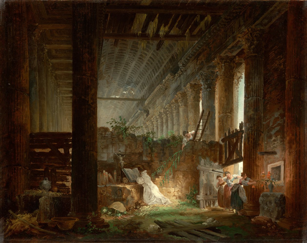 En eremit ber i ruinerna av ett romerskt tempel, ca 1760 av Hubert Robert