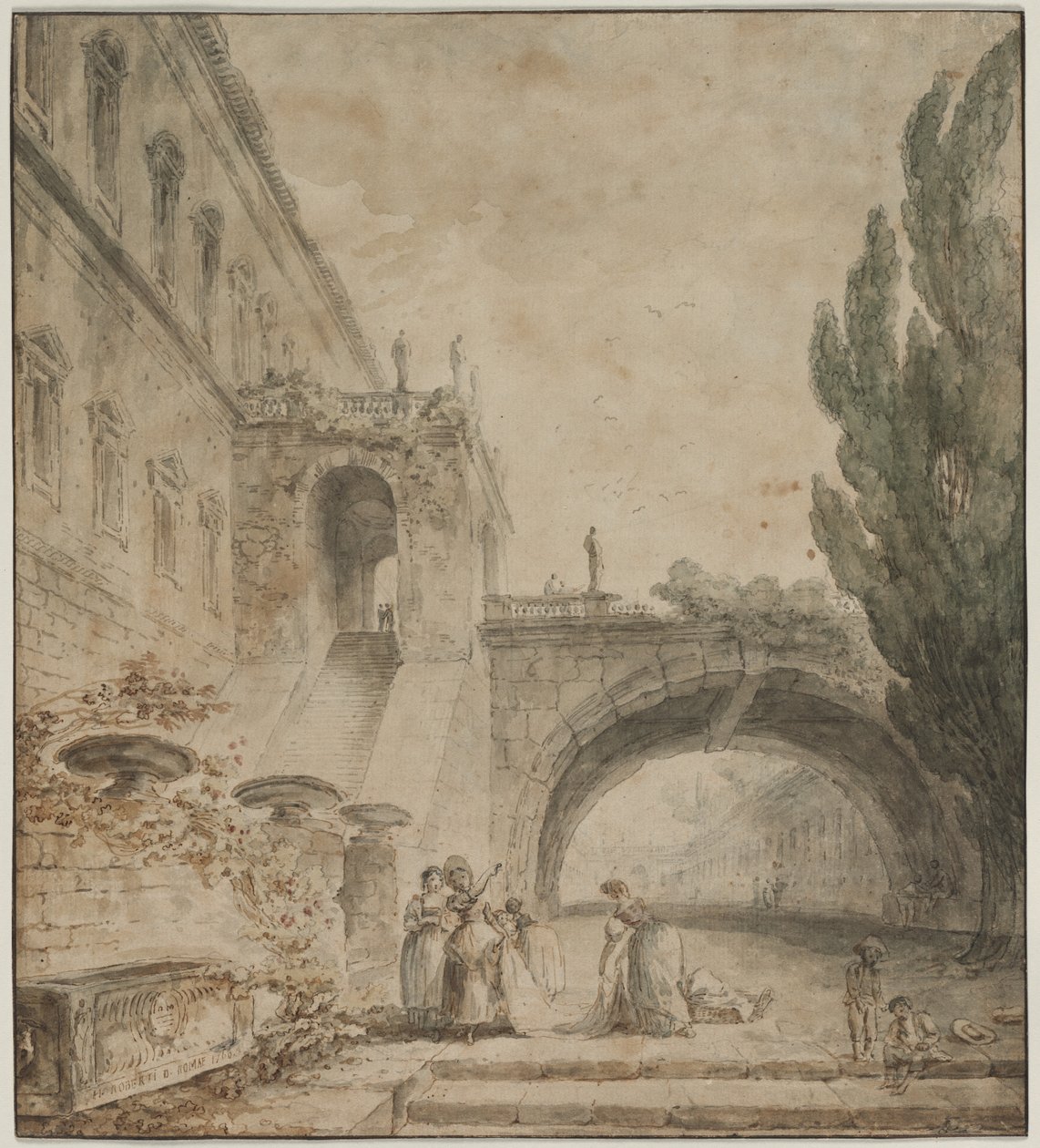 Ett palats med en välvd bro En romersk villa, 1760. av Hubert Robert