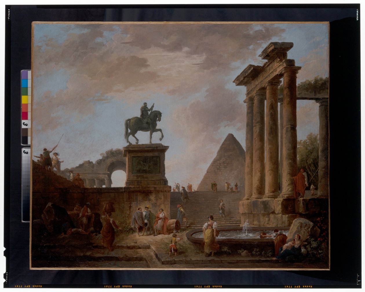 Capriccio med trubadurer och tvättkvinnor vid en bassäng bland romerska ruiner, en pyramid bortom, ca 1780 (olja på duk) av Hubert Robert