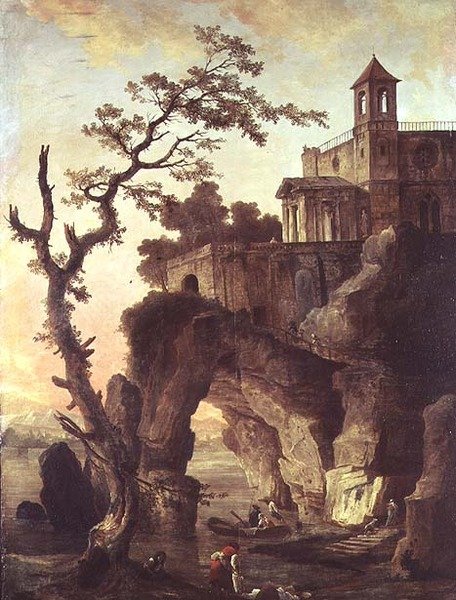 Arkitektoniska ruiner i ett stenigt landskap (olja på duk) av Hubert Robert