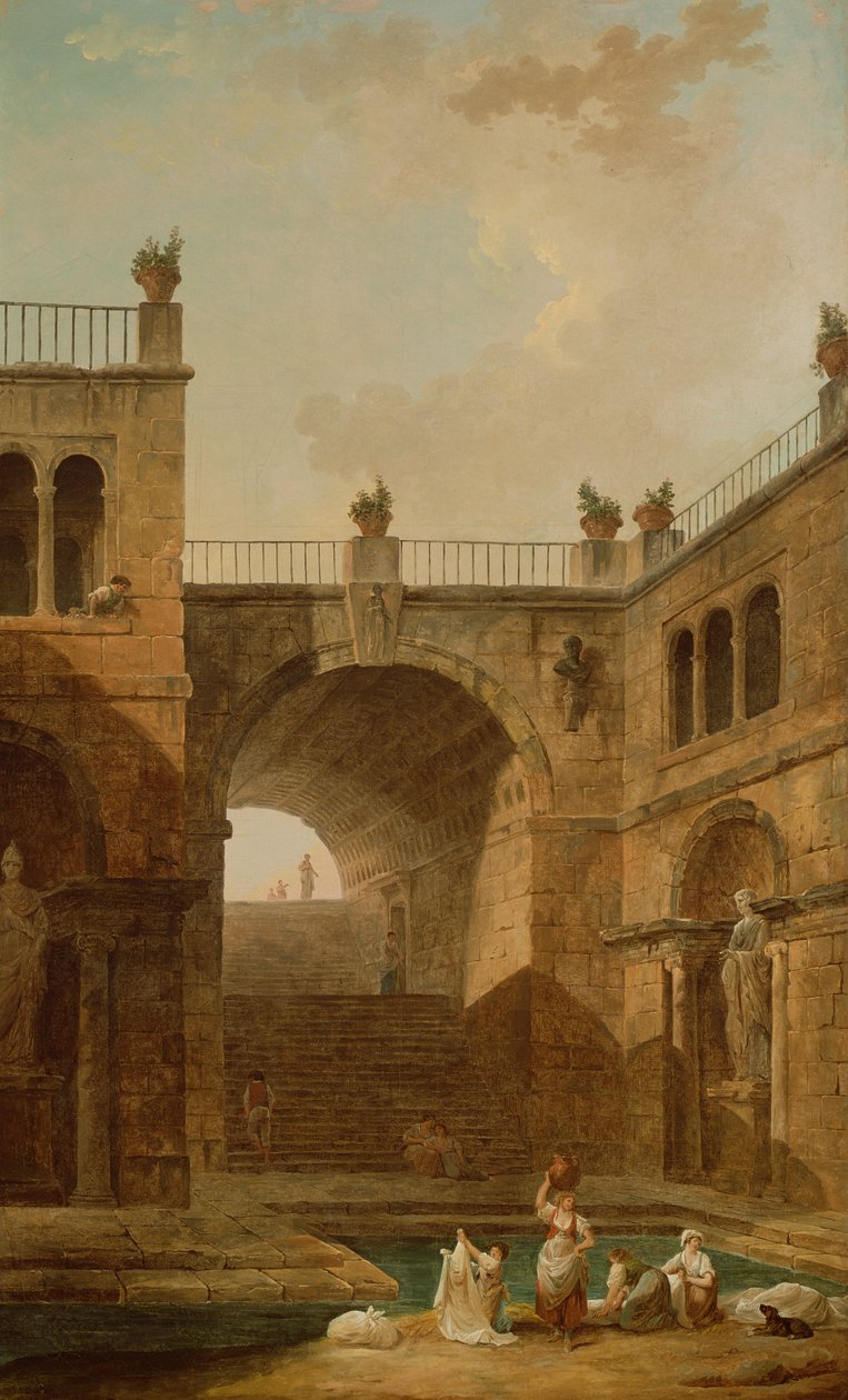 Arkitektonisk scen med kvinnor som tvättar kläder vid en pool av Hubert Robert