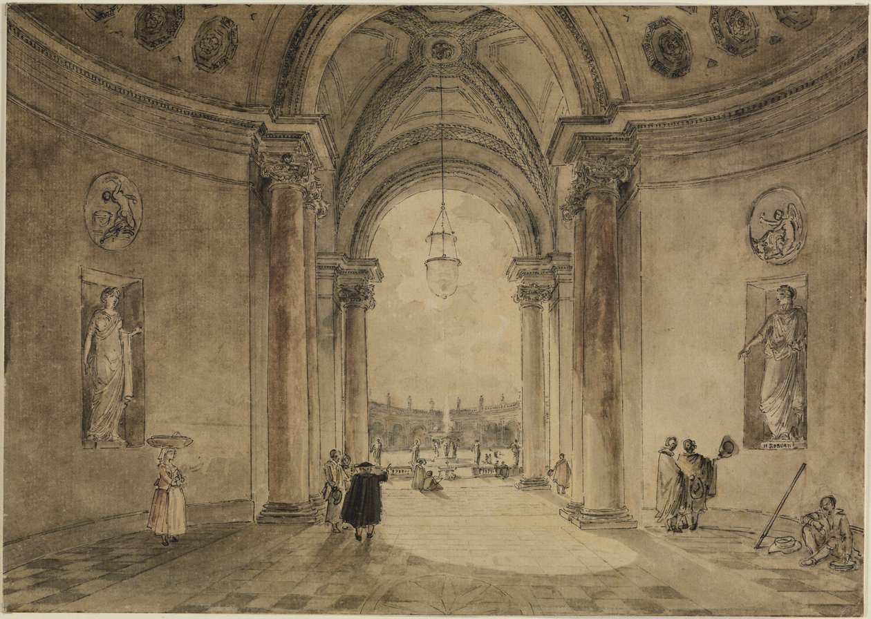 Utsikt genom kasinots atrium mot trädgårdsparterren vid Villa Albani av Hubert Robert