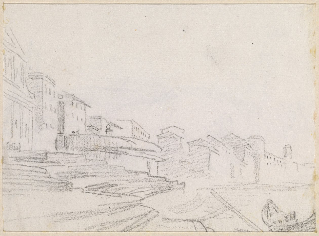 Byggnader längs en flodsida [verso] av Hubert Robert