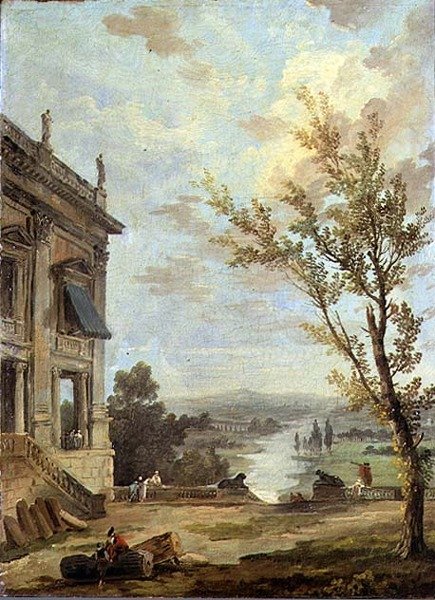 Capriccio italienska landskap med Capitoline Palazzo Nuovo och herrar på en terrass, en flod bortom av Hubert Robert