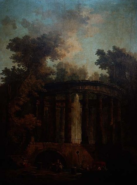 Capriccio av en fontän i en cirkulär pelargång av Hubert Robert