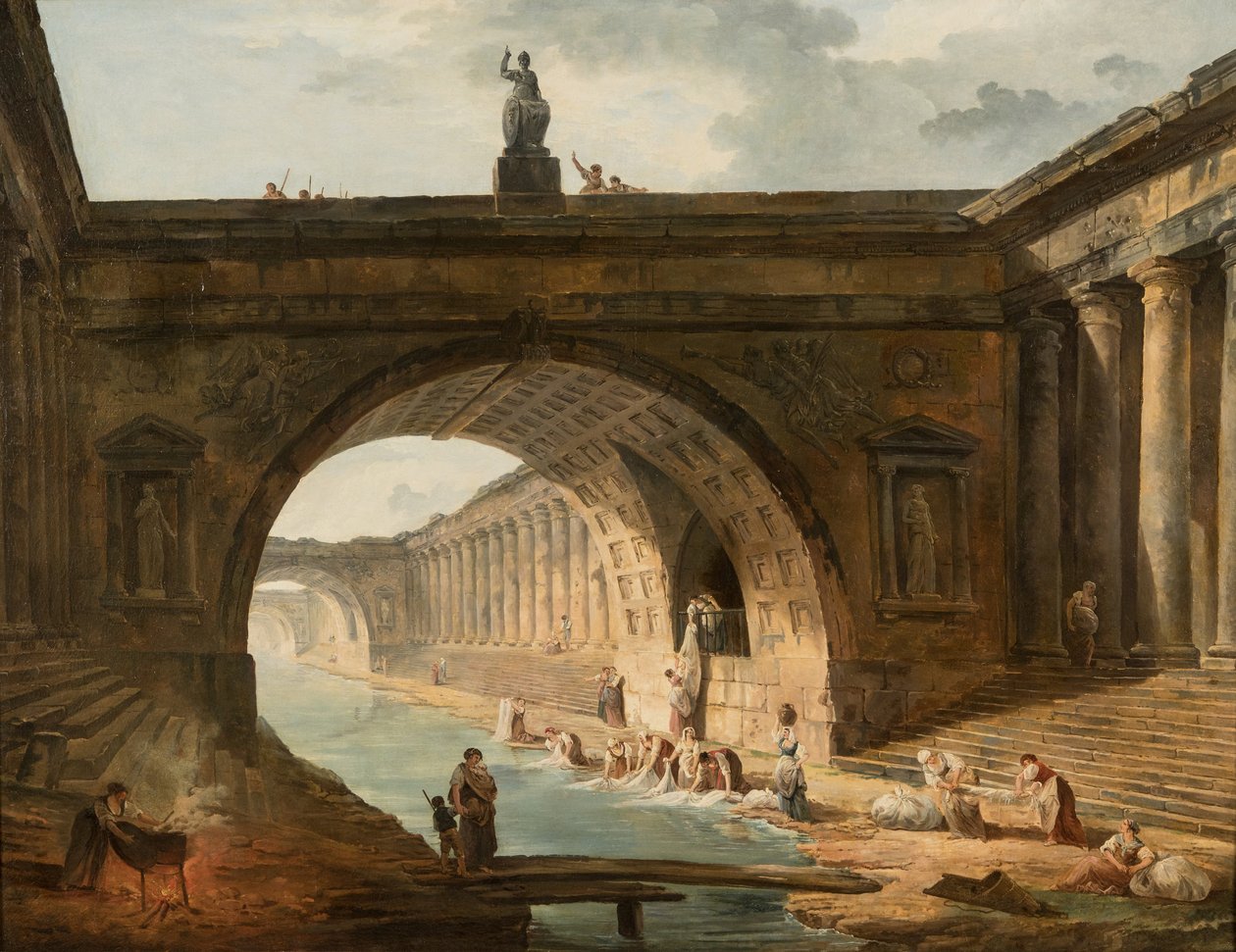 Capriccio med tvätterskor vid en kanal av Hubert Robert