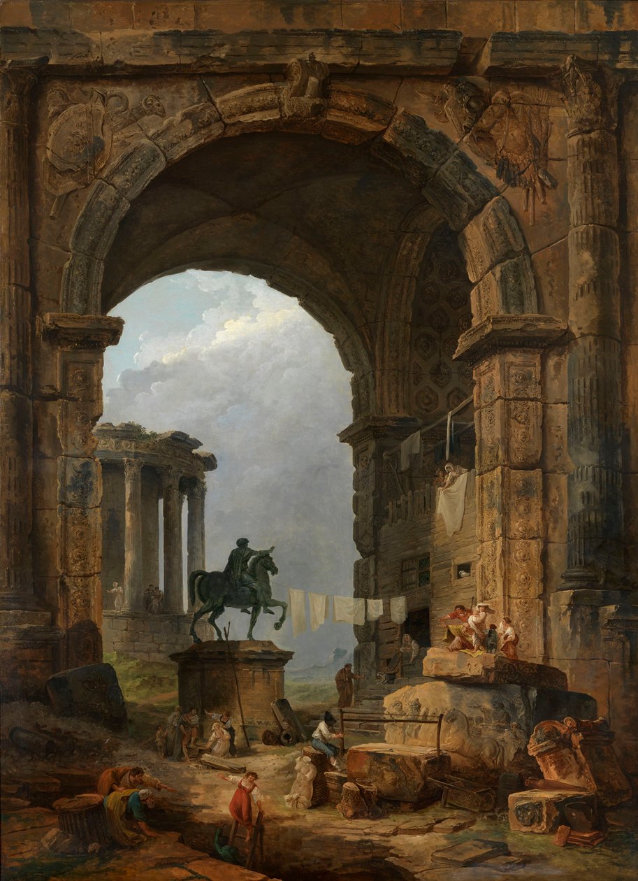 Caprice antik med statyn av Marcus Aurelius. av Hubert Robert