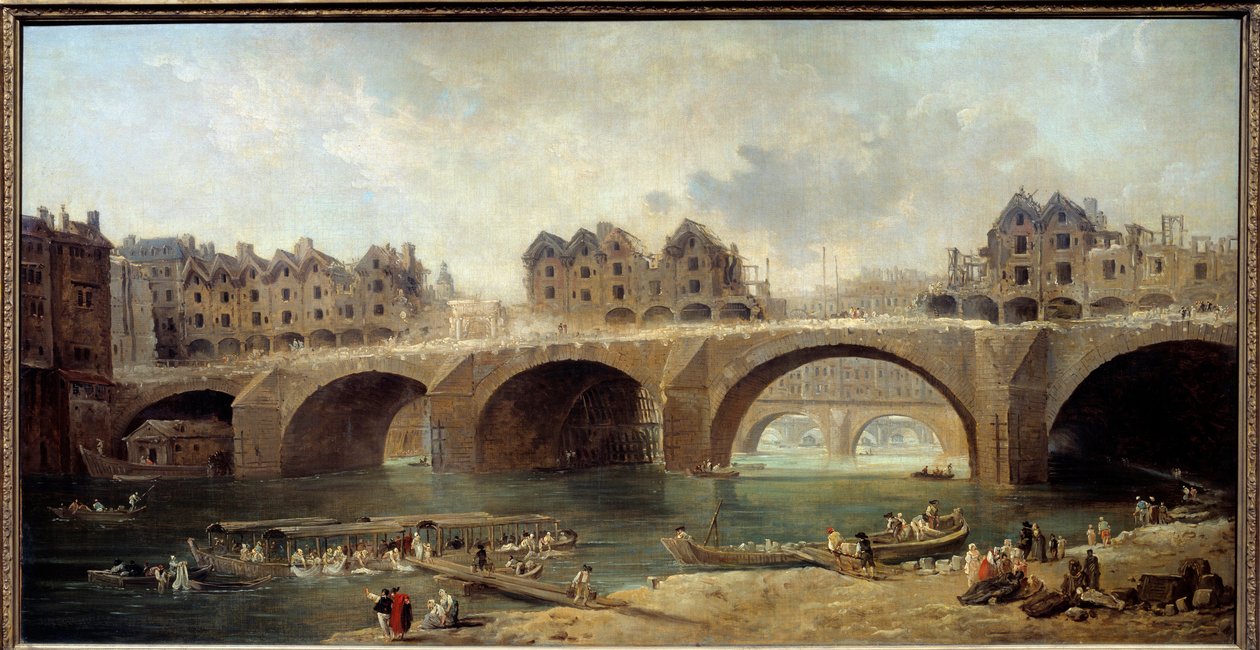 Rivning av husen på Notre Dame-bron i Paris 1786 Målning av Hubert Robert (1733-1808) 1788 Sön. 0,73x1,4 m av Hubert Robert