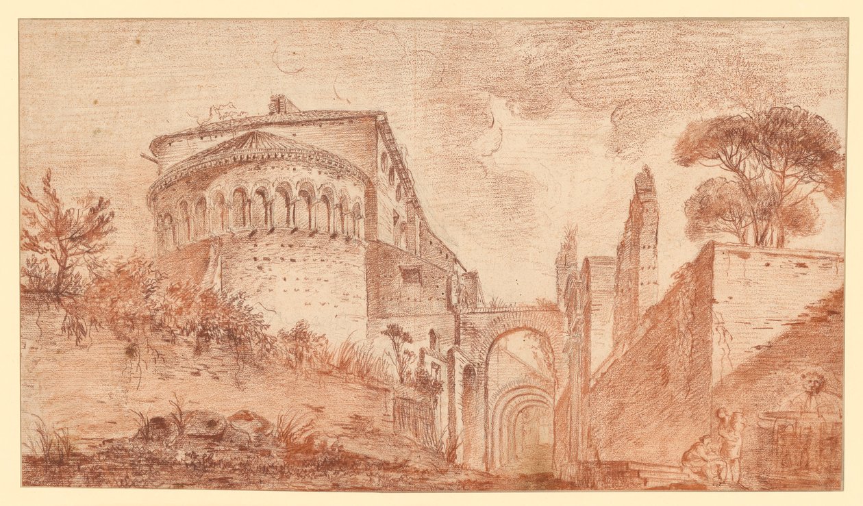 Kyrkan Santi Giovanni e Paolo i Rom, sedd från absiden av Hubert Robert