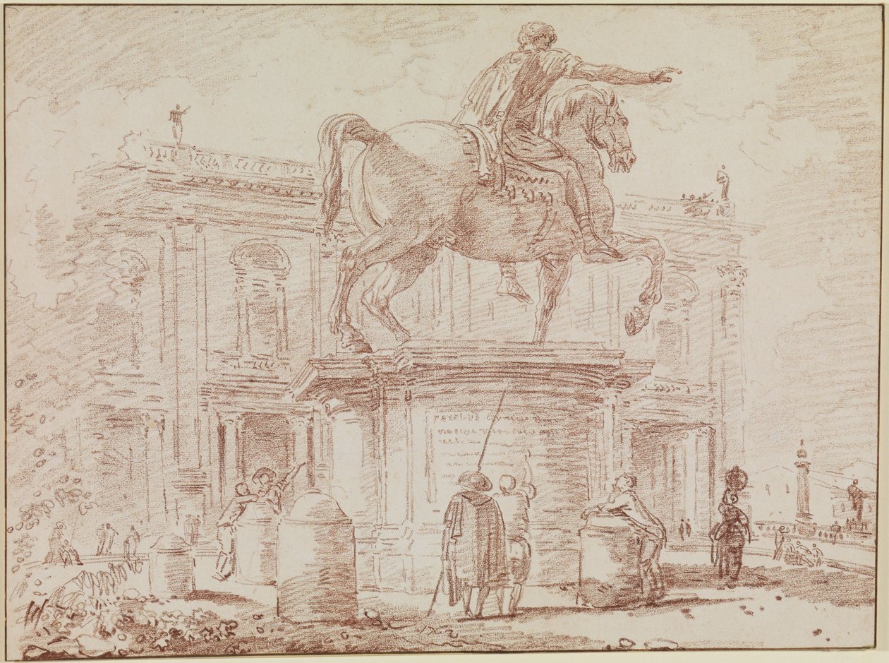 Ryttarstatyn av Marcus Aurelius och Palazzo dei Conservatori i Rom av Hubert Robert