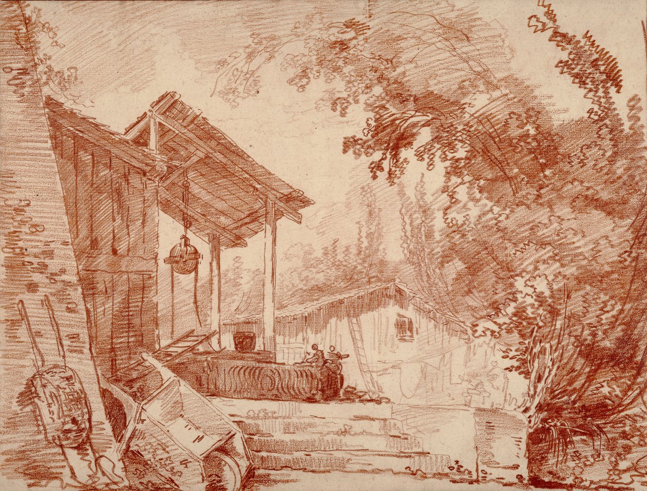 Gårdsplan med två personer vid en brunn och en stor skottkärra i förgrunden av Hubert Robert