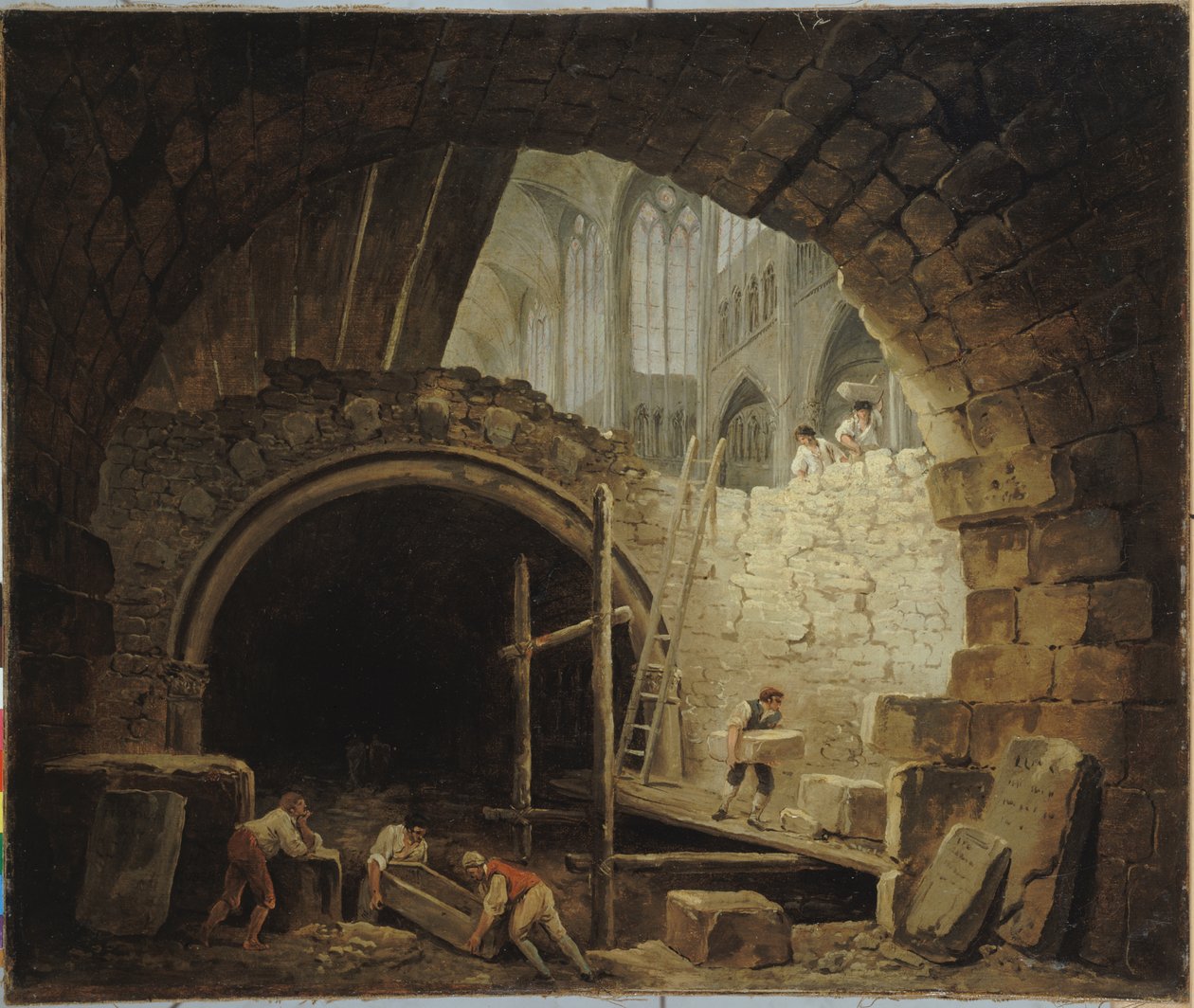 Franska: La Violation des caveaux des rois dans la basilique de Saint-Denis, en octobre 1793 Plundring av kungliga gravar i basilikan Saint-Denis, oktober 1793 av Hubert Robert