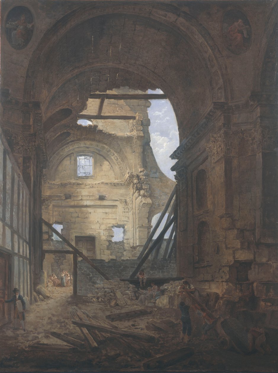 Franska: La chapelle de la Sorbonne avec la voûte de la nef effondrée Sorbonnes kyrka i ruiner av Hubert Robert