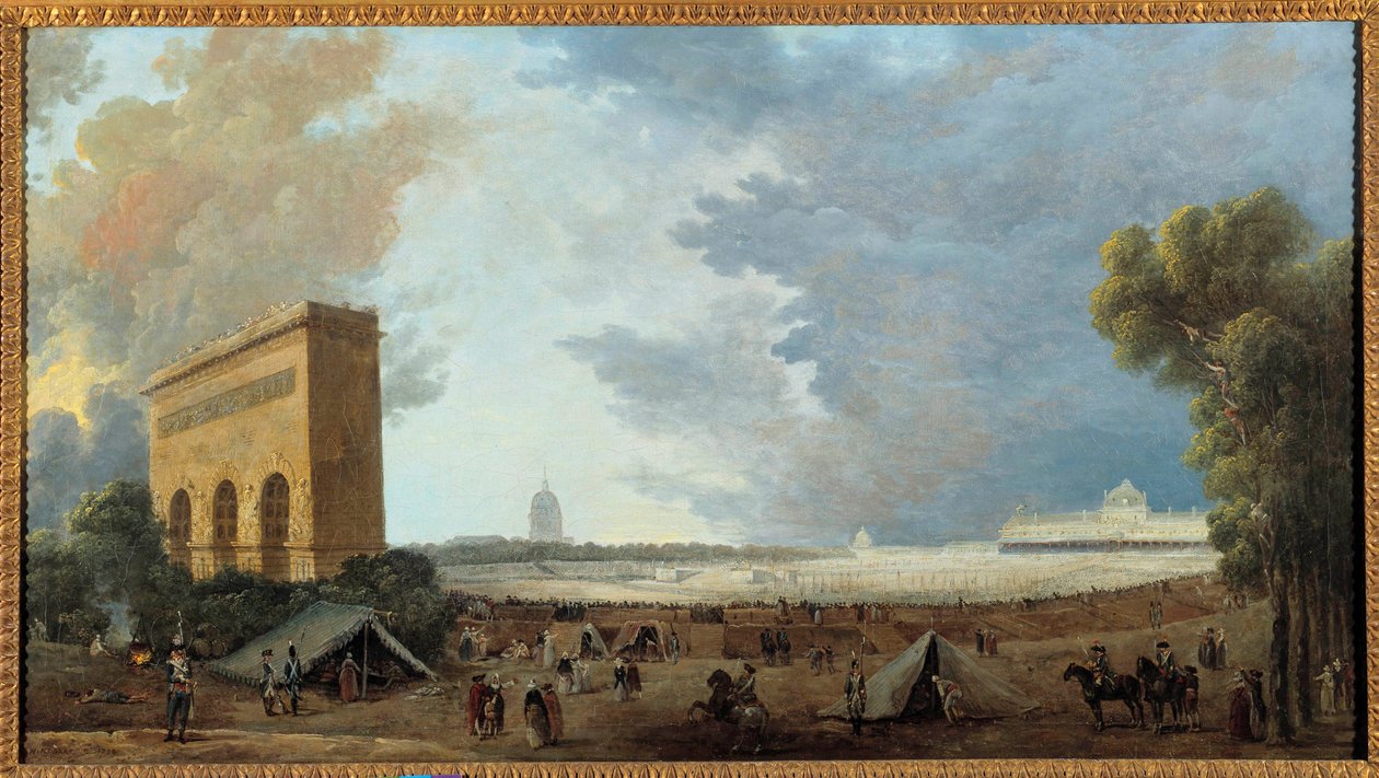 Franska revolutionen: ""Nationalfederationens festival firade på Champ de mars i Paris den 14 juli 1790"" Målning av Hubert Robert (1733-1808). 1790 sön. 0,52x0,96m av Hubert Robert