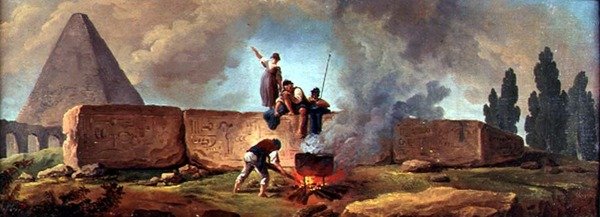 Zigenare som kokar en kittel bland egyptiska ruiner (olja på duk) av Hubert Robert