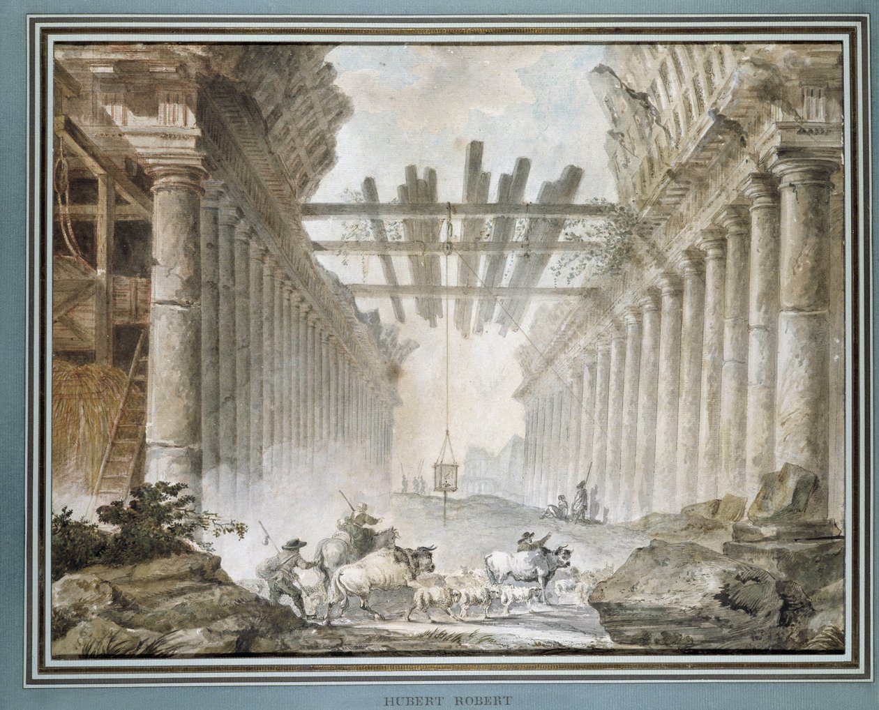Flock i ruinerna av ett rittempel (olja på duk) av Hubert Robert