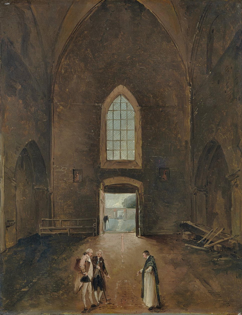 Hubert Robert och en amatör besöker en grav i en kyrka av Hubert Robert