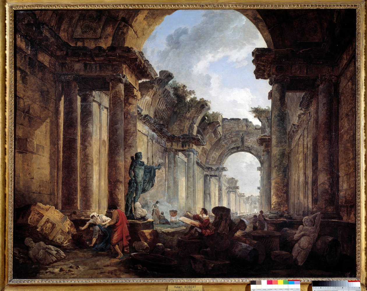 Fantasifull utsikt över Grand Galerie du Louvren i ruiner Målning av Hubert Robert (1733-1808) Sön. 1,14x1,46 m. av Hubert Robert