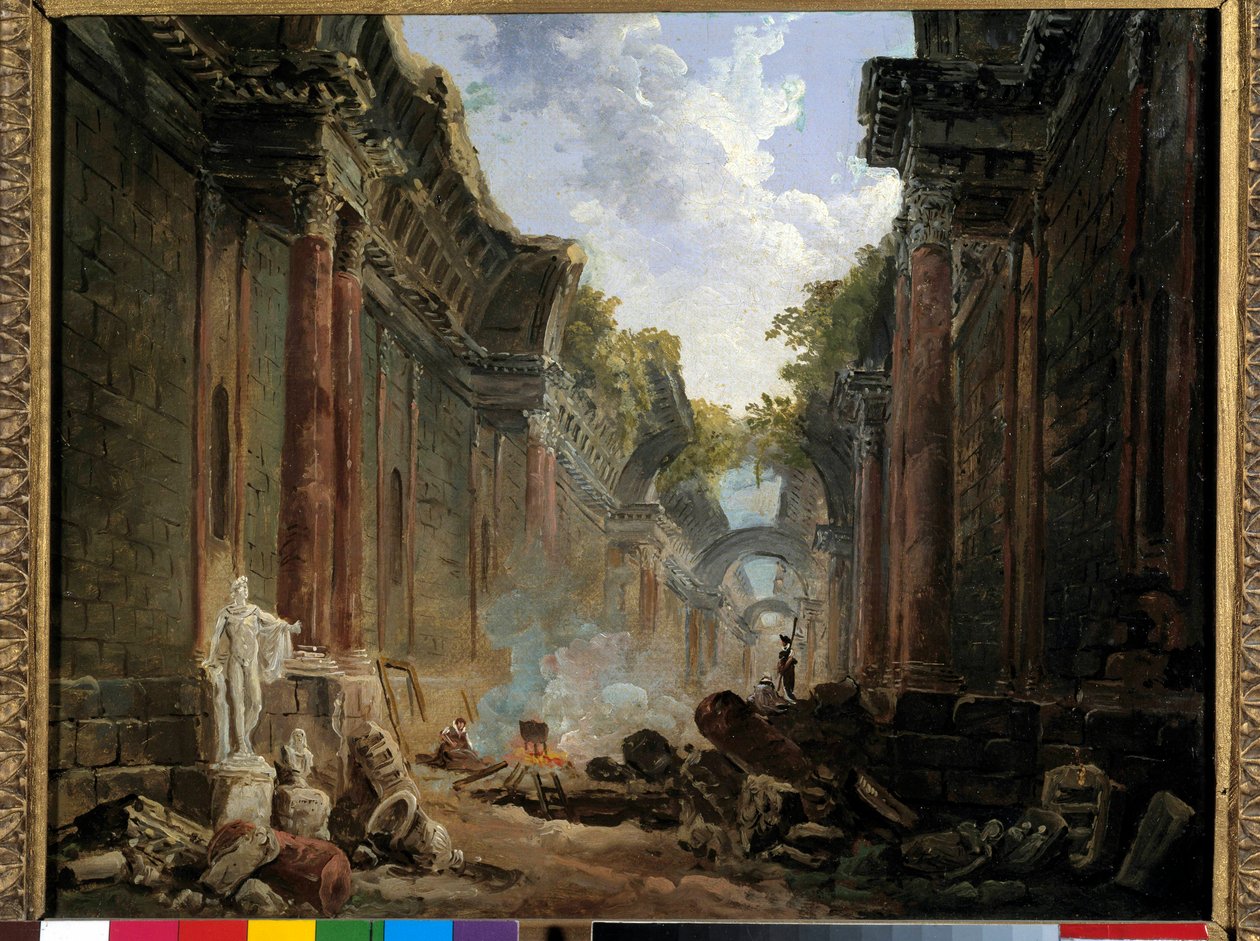 Fantasifull vy av Grande Galerie du Louvren i ruiner Målning av Hubert Robert (1733-1808) 1700-tal sön. 0,32x0,4 m. av Hubert Robert