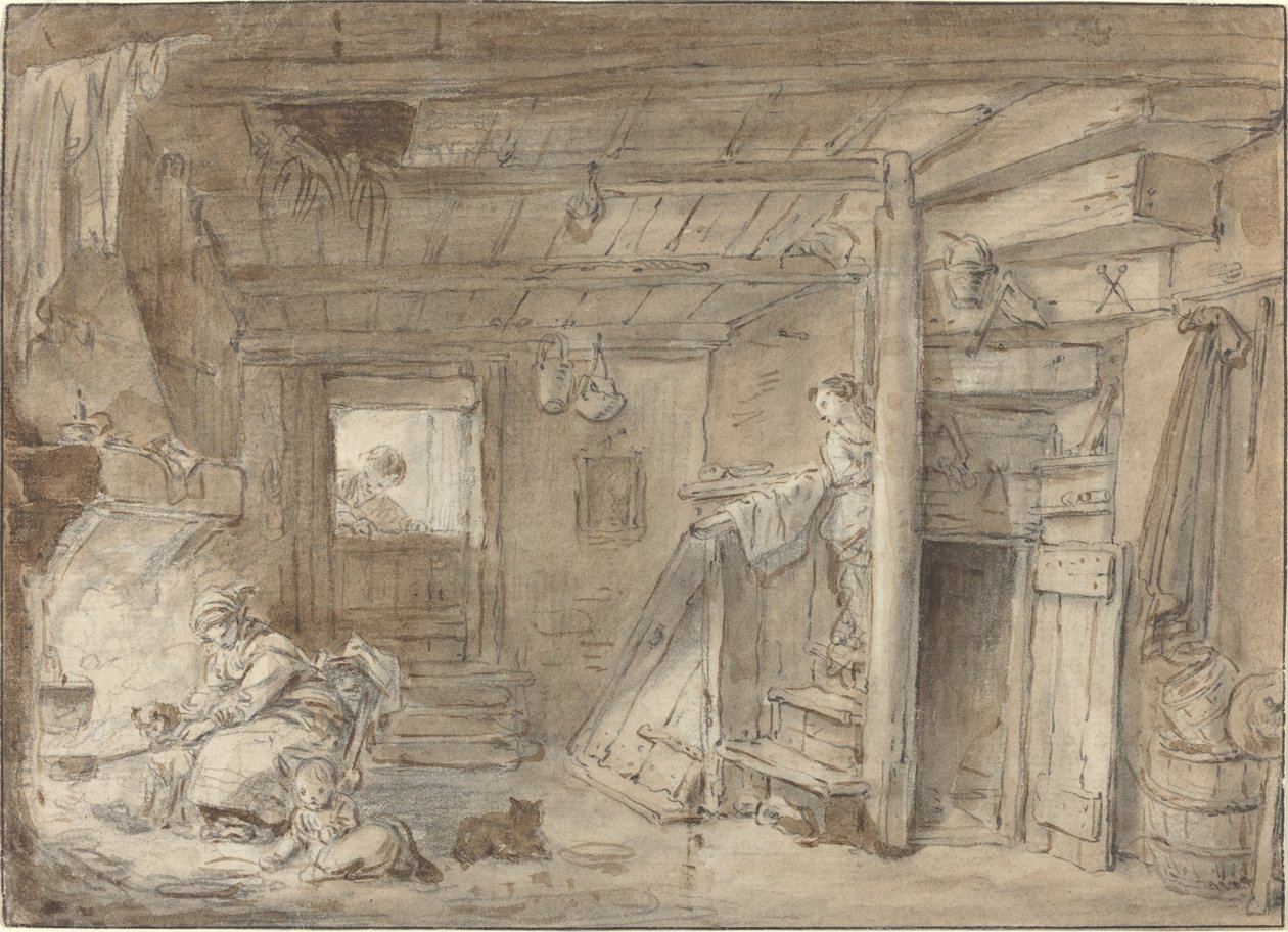 Interiör av en bondgård med figurer av Hubert Robert