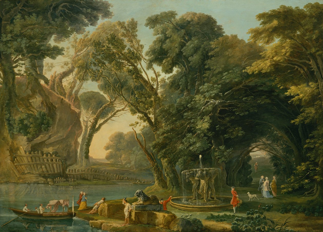 Italiensk caprice med en landning (olja på duk) av Hubert Robert