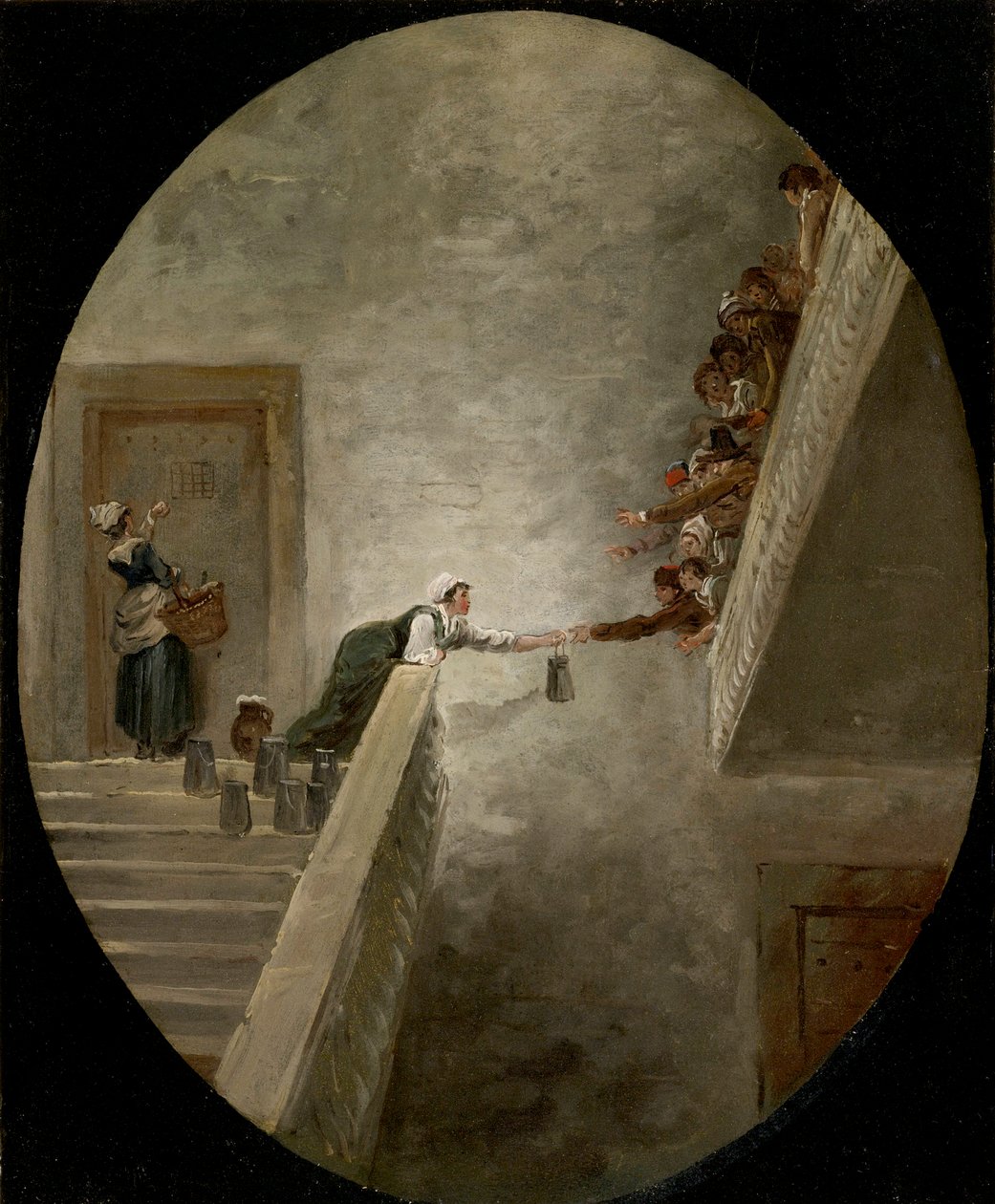 La distribution du lait a la prison Saint Lazare - Utdelningen av mjölk i Saint-Lazare fängelse av Robert, Hubert (1733-1808), ca 1794 - Olja på papper, 36,8x30,2 - Privat samling av Hubert Robert