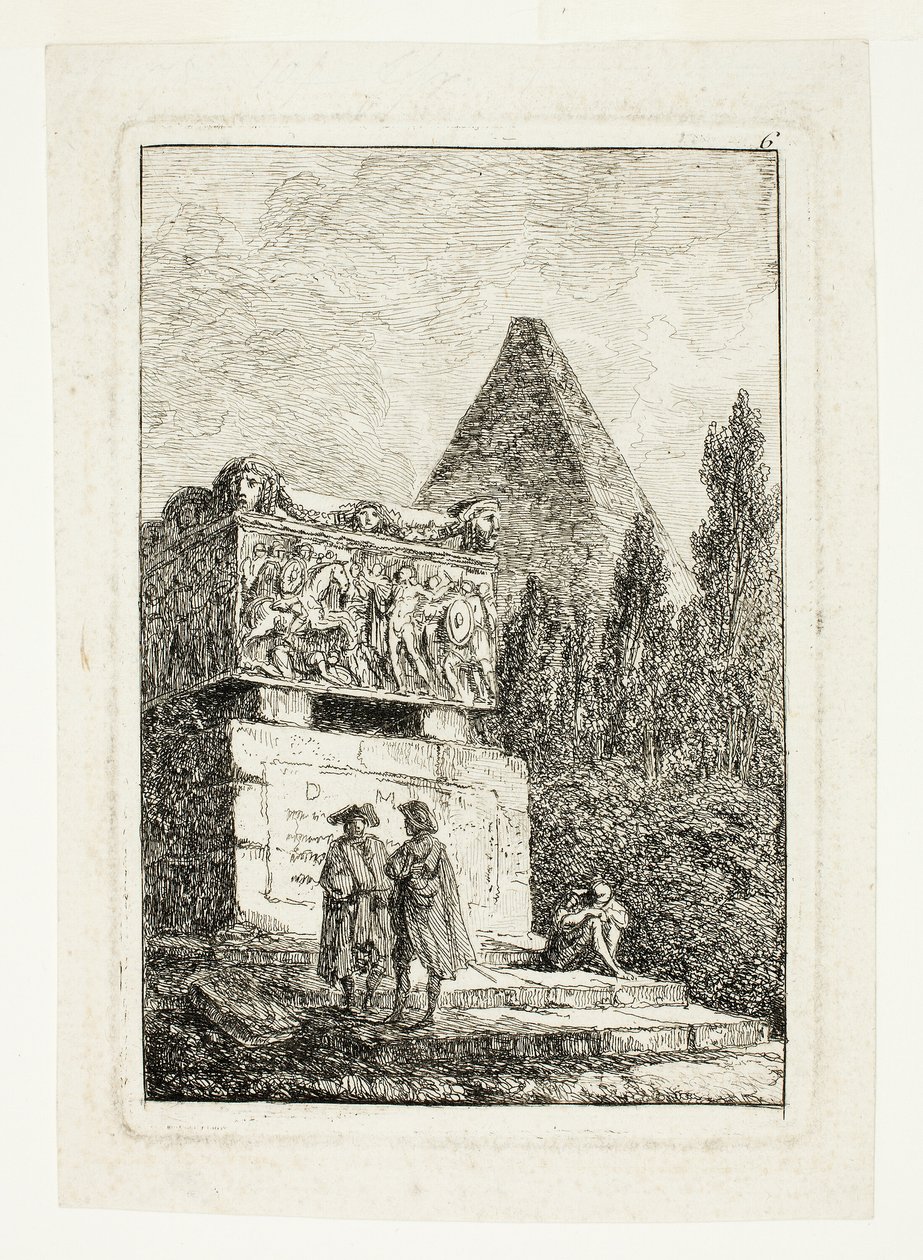 Landskap med pyramid och sarkofag, plansch sex från Les Soirées de Rome av Hubert Robert
