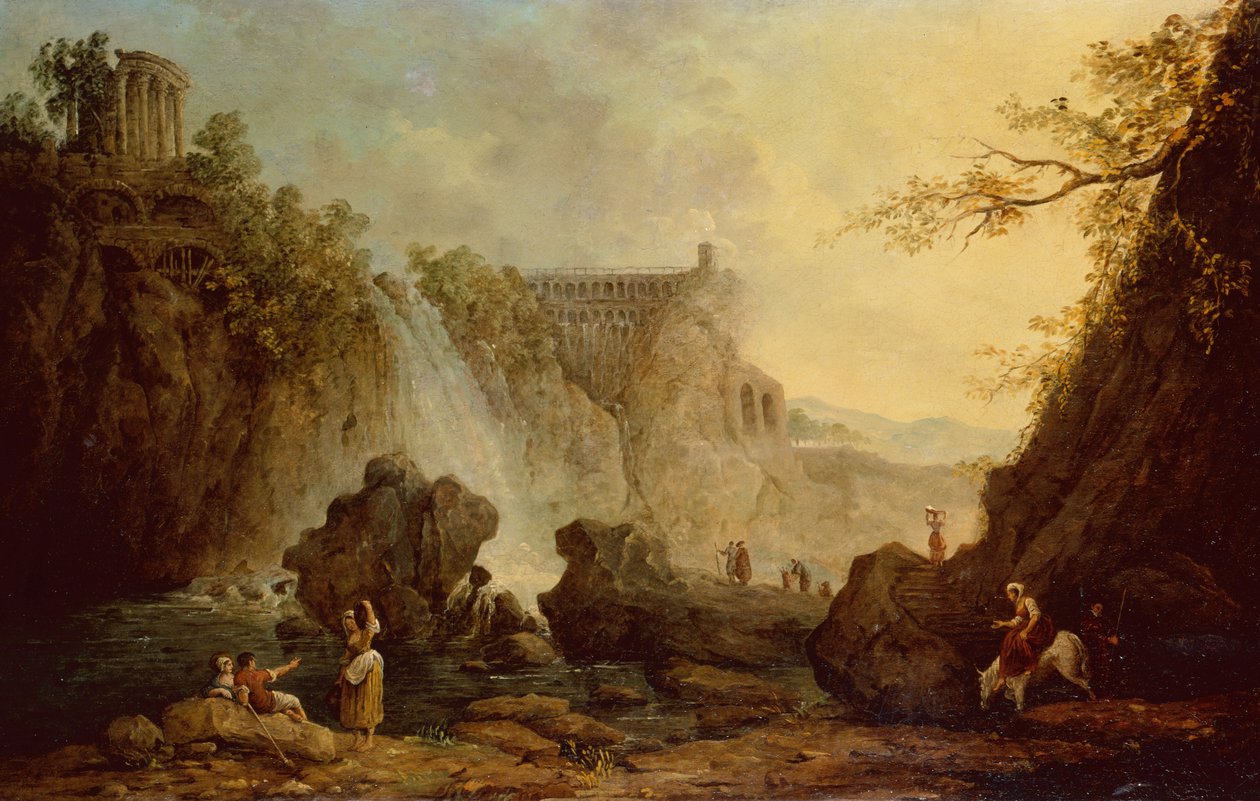 Landskap med vattenfall (olja på duk) av Hubert Robert