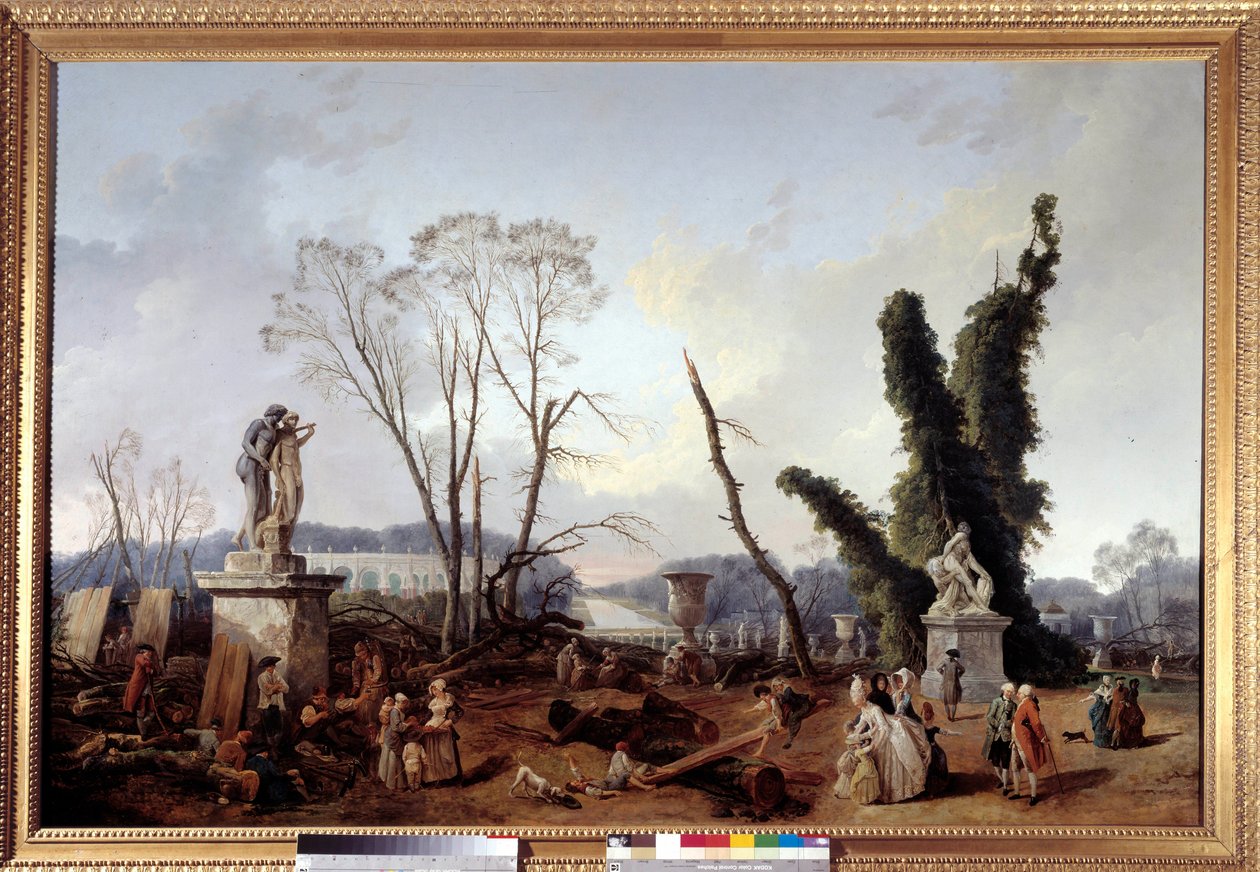 Le Carpet Vert vid tidpunkten för trädhuggningen vintern 1774-1775 i Versailles trädgårdar (i förgrunden, kung Ludvig XVI och drottning Marie-Antoinette). Den gröna mattan kallas också för kungliga alleen. Målning av Hubert Robert (1733-1808 av Hubert Robert