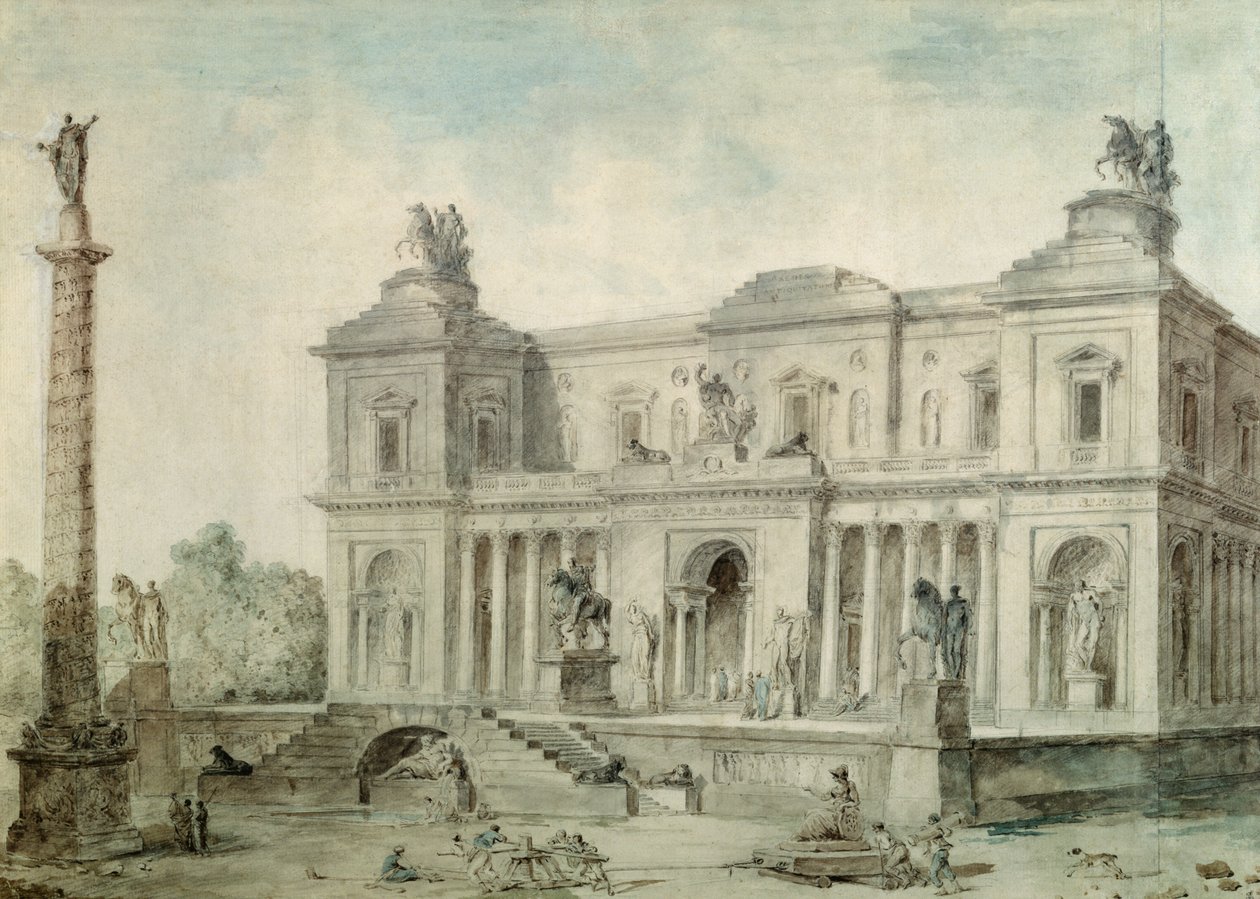 Le Musée des Antiques, ca 1800 (krita, penna och bläck och wc på papper) av Hubert Robert