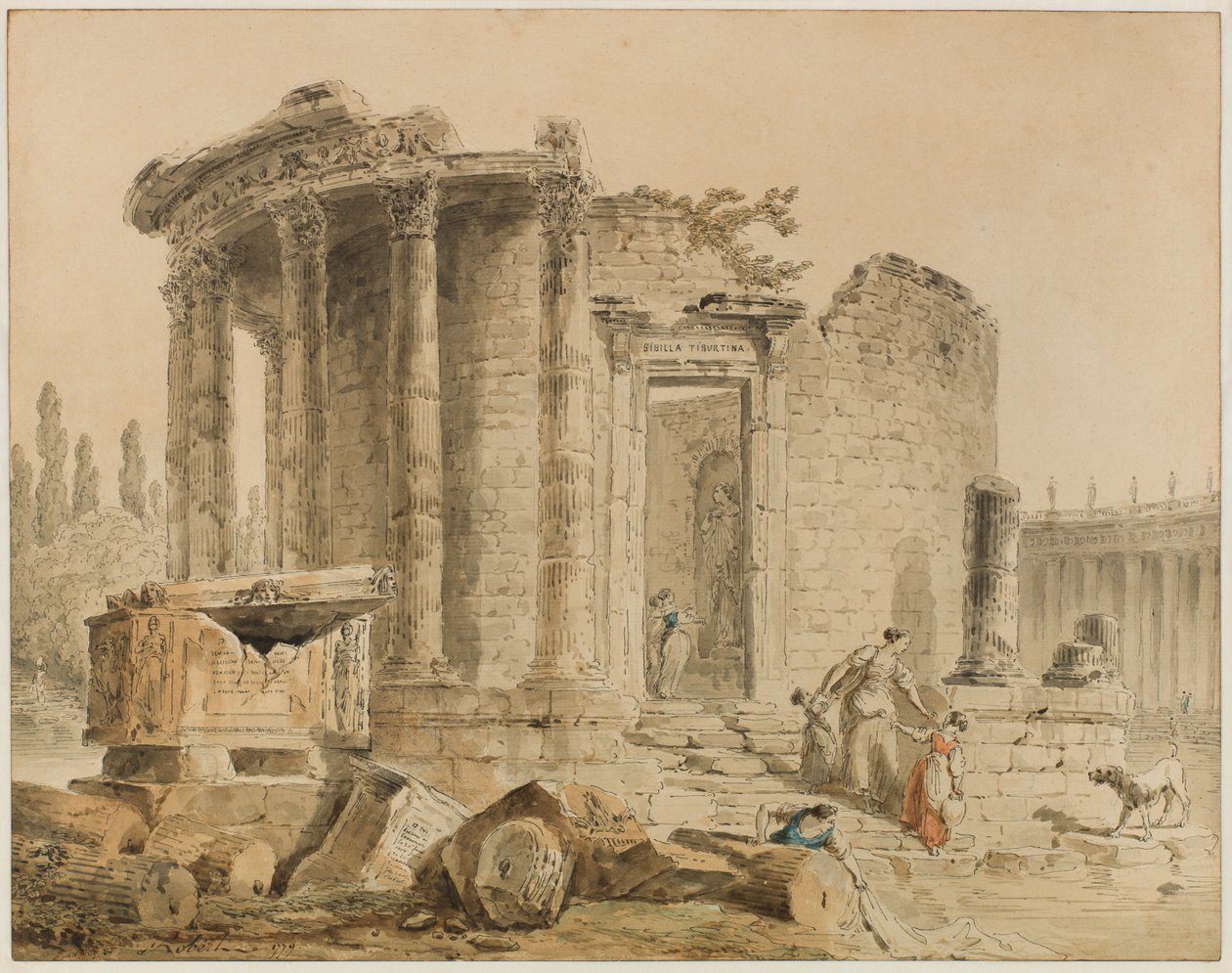 Der Tempel der Tiburtinischen Sibylle: Erinnerung an den Tempel der Sibylle in Tivoli av Hubert Robert