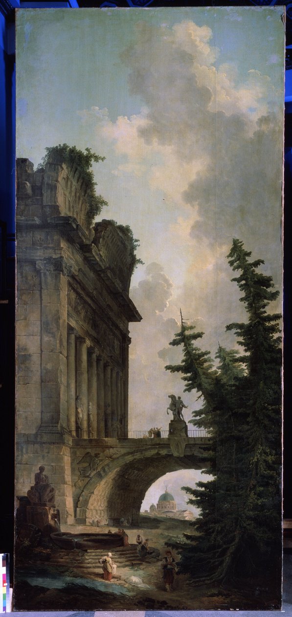 Den gamla bron. Målning av Hubert Robert (1733-1808), olja på duk av Hubert Robert