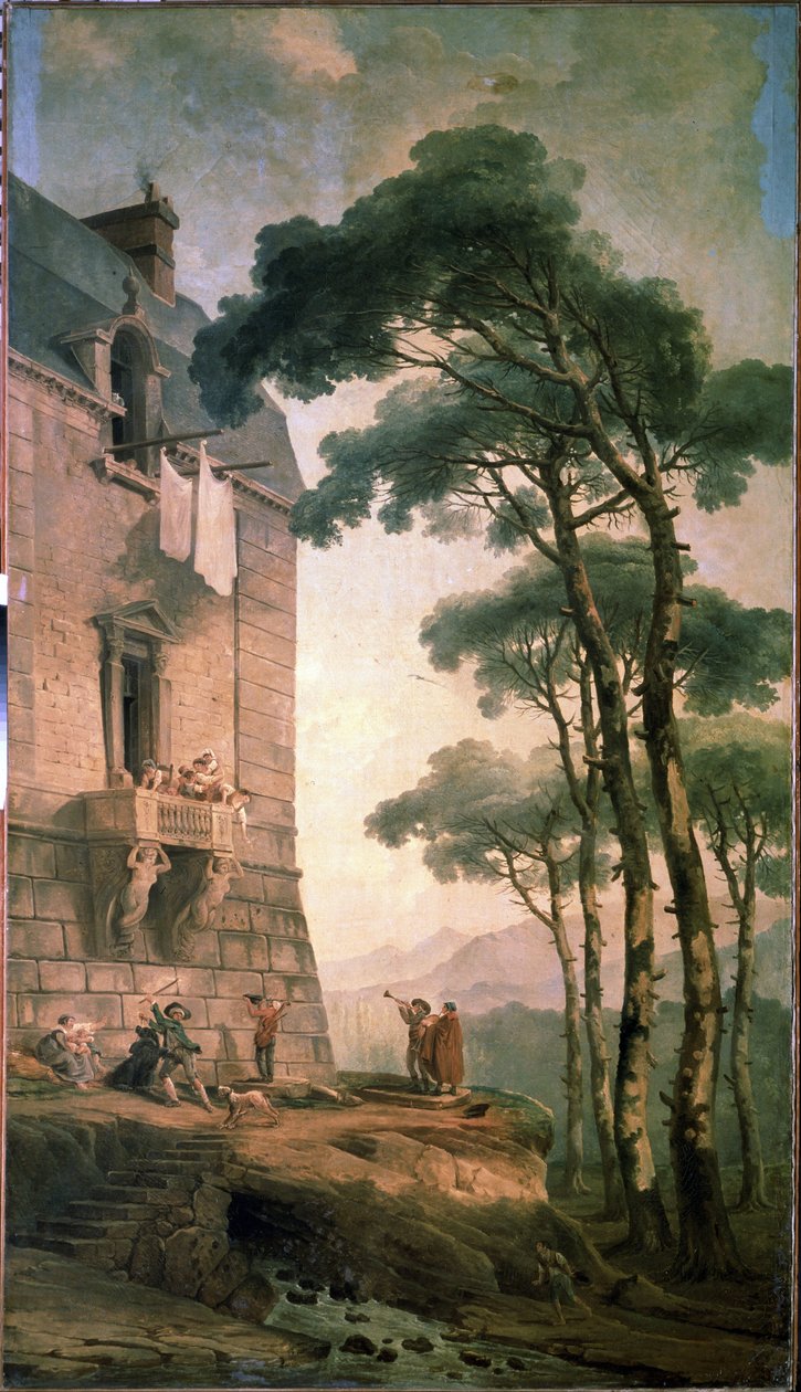 Musikerna. En trupp artister bestående av musiker och en björntränare letar under balkongen till ett medelklasshus. Målning av Hubert Robert (1733-1808), olja på duk, fransk konst. Statens friluftsmuseum Peterhof, Sankt Petersburg av Hubert Robert