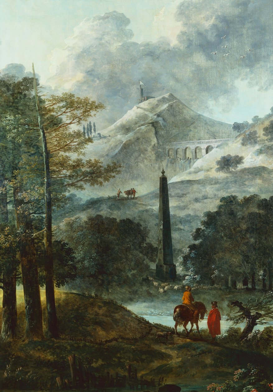 Bergigt landskap med en obelisque (olja på duk) av Hubert Robert
