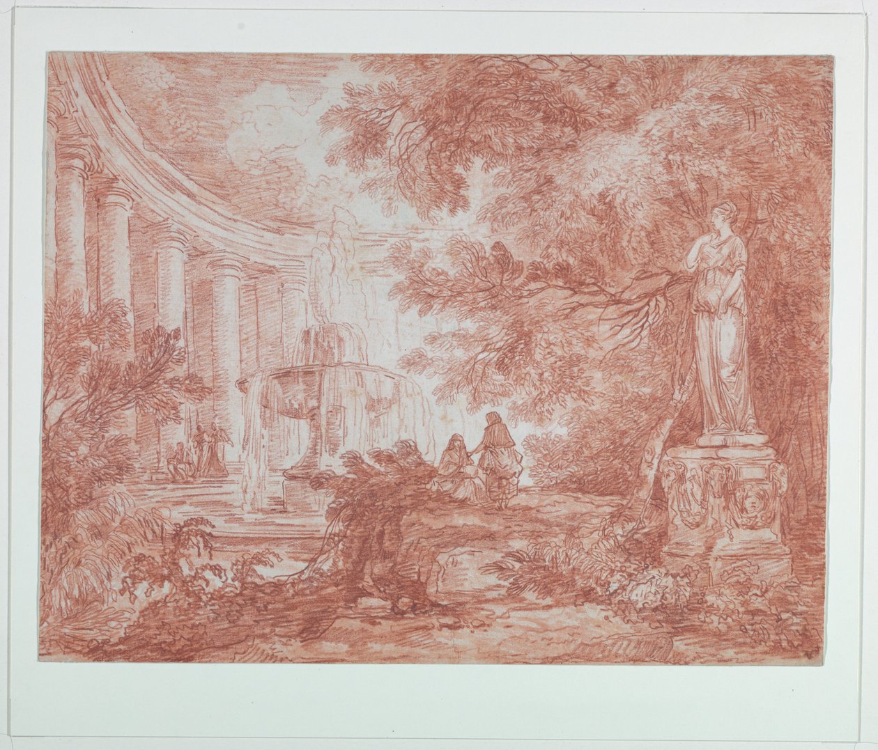Park med fontän och staty av Hubert Robert