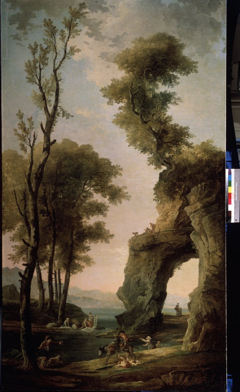 Landsbygden. Tvättkvinnor tvättar kläder i floden. En kvinna faller från en åsna. Målning av Hubert Robert (1733-1808), olja på duk, fransk konst. Statens friluftsmuseum Peterhof, Sankt Petersburg. av Hubert Robert