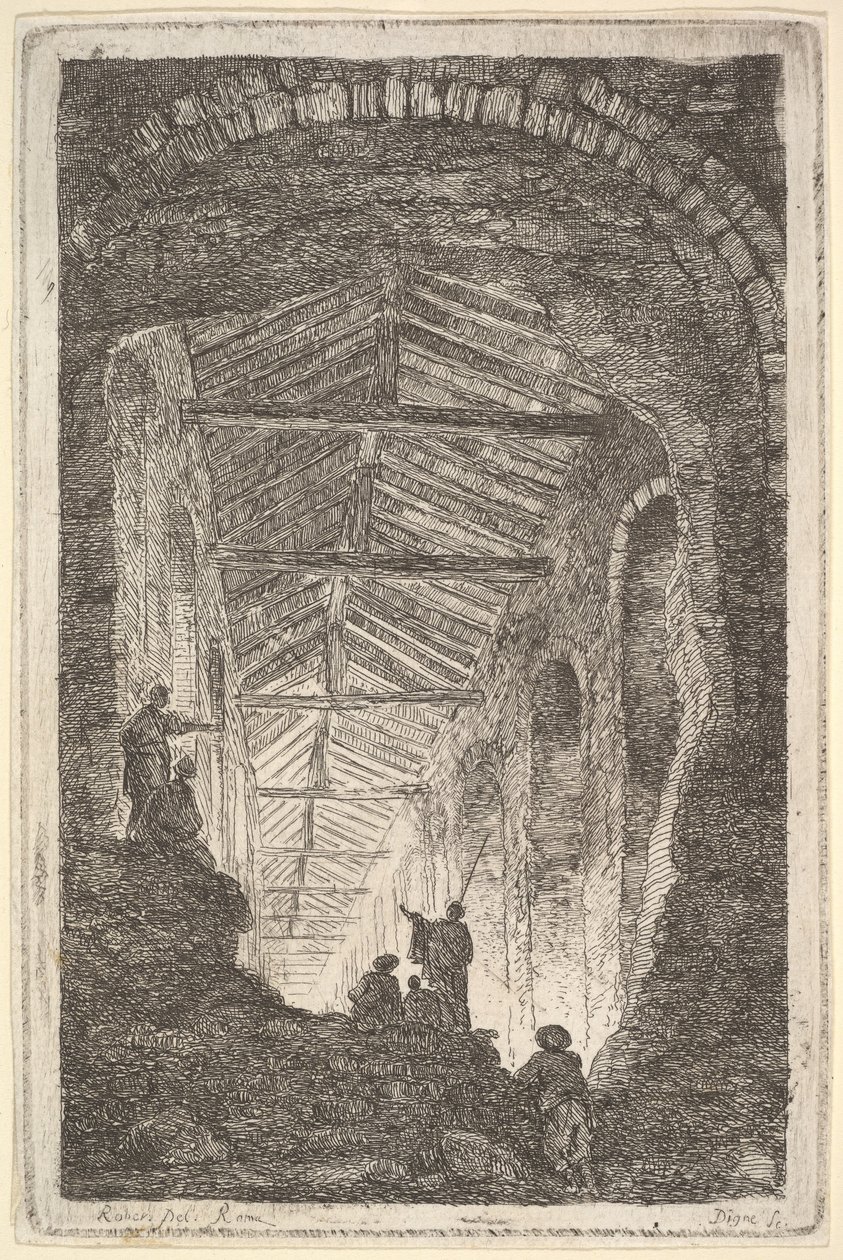 Tavla 10: The Ancient Gallery: ett stort täckt galleri, ljus som kommer in från bak..., ca. 1763-64. av Hubert Robert