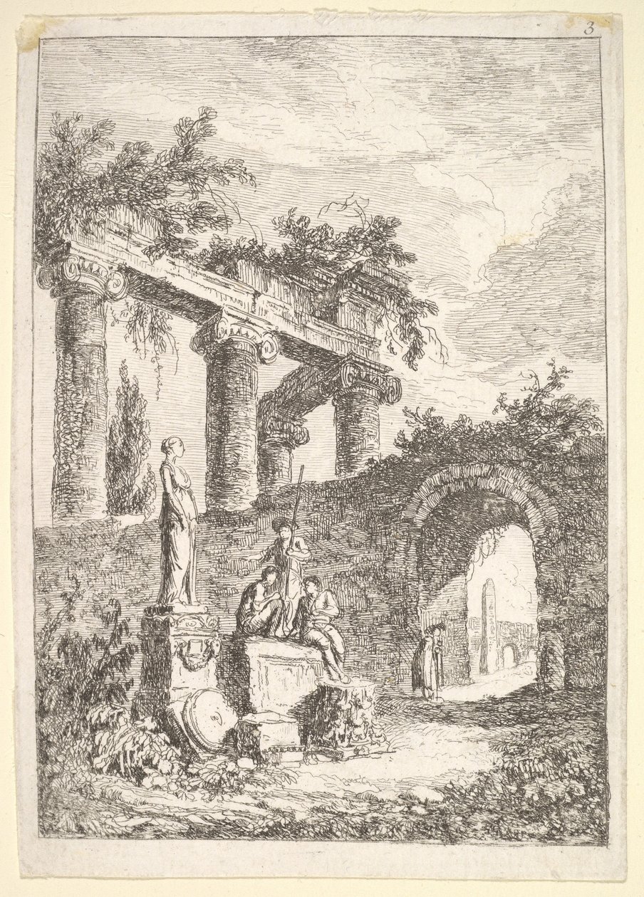 Plåt 3: Statyn före ruinerna: en staty till vänster bredvid tre figurer på en p..., ca. 1763-64. av Hubert Robert