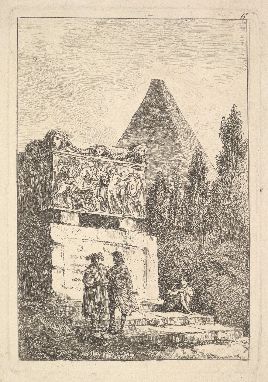 Plåt 6: Sarkofagen: två män som samtalar till vänster, en annan man sitter och sover..., ca. 1763-64. av Hubert Robert
