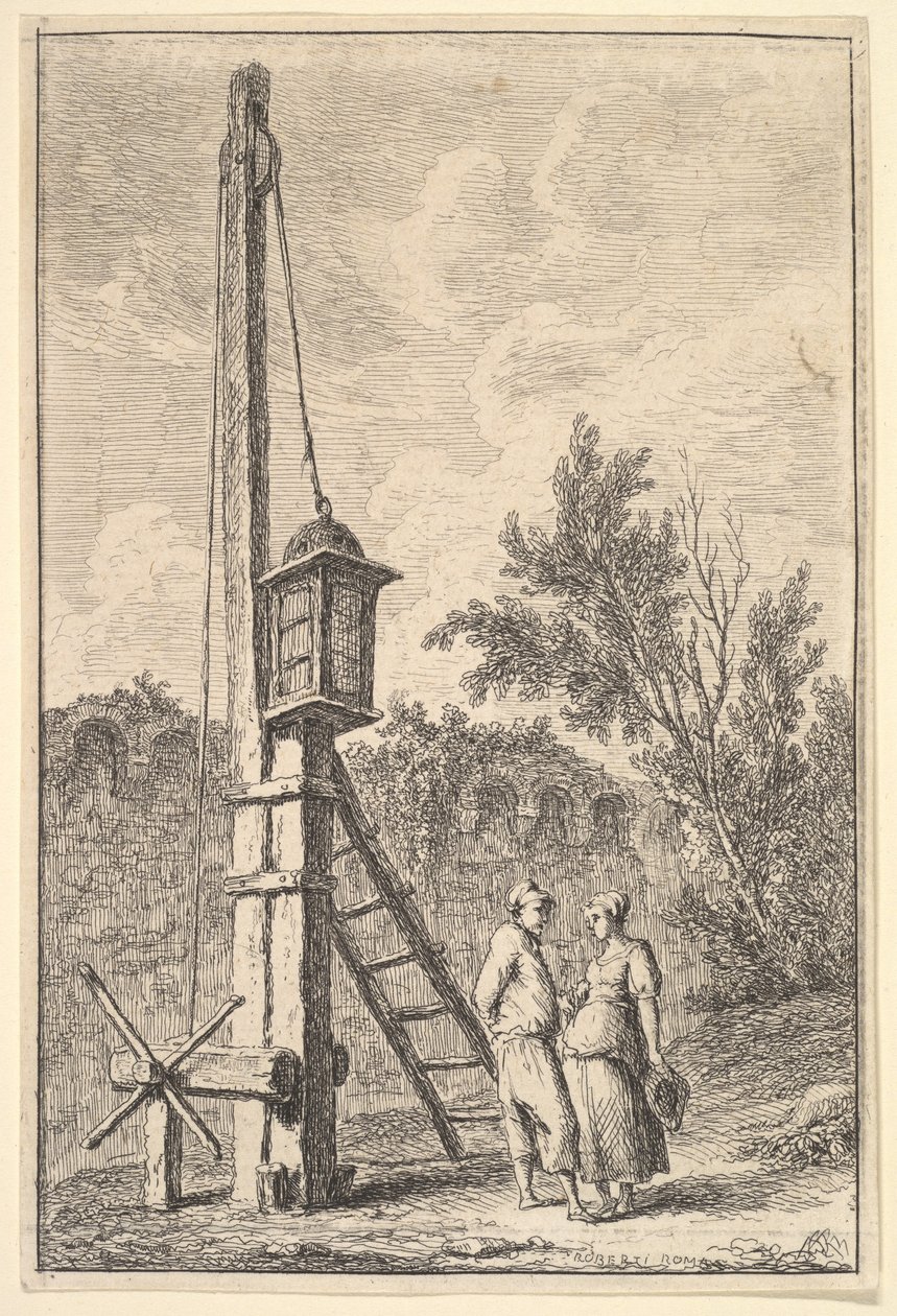 Tavla 9: Remskivan: en man och en kvinna som samtalar till höger, en lykta hängde på en pos..., ca. 1763-64. av Hubert Robert