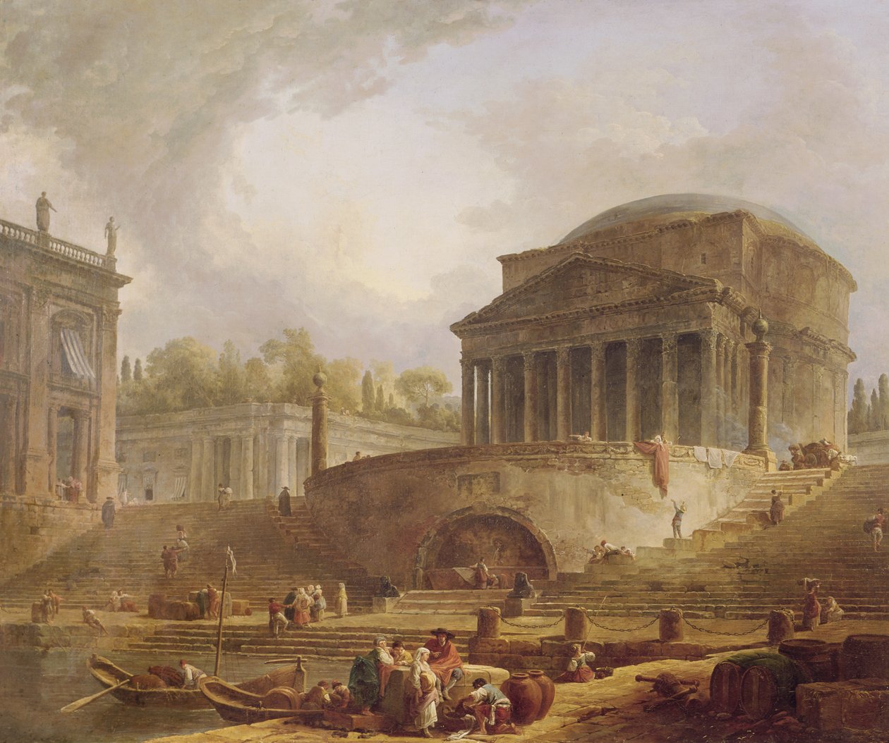 Porto di Ripetta i Rom, med Pantheon, arkitektonisk tablå, 1766 av Hubert Robert