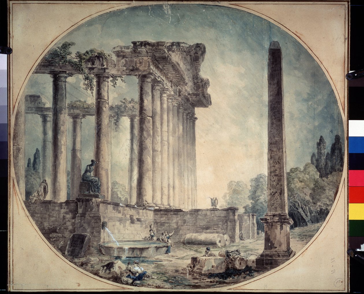 ""Ancient Ruins and Obelisk"" Akvarell av Hubert Robert (1733-1808) 1776 State A. Pushkin Museum of Fine Arts, Moskva, Ryssland av Hubert Robert