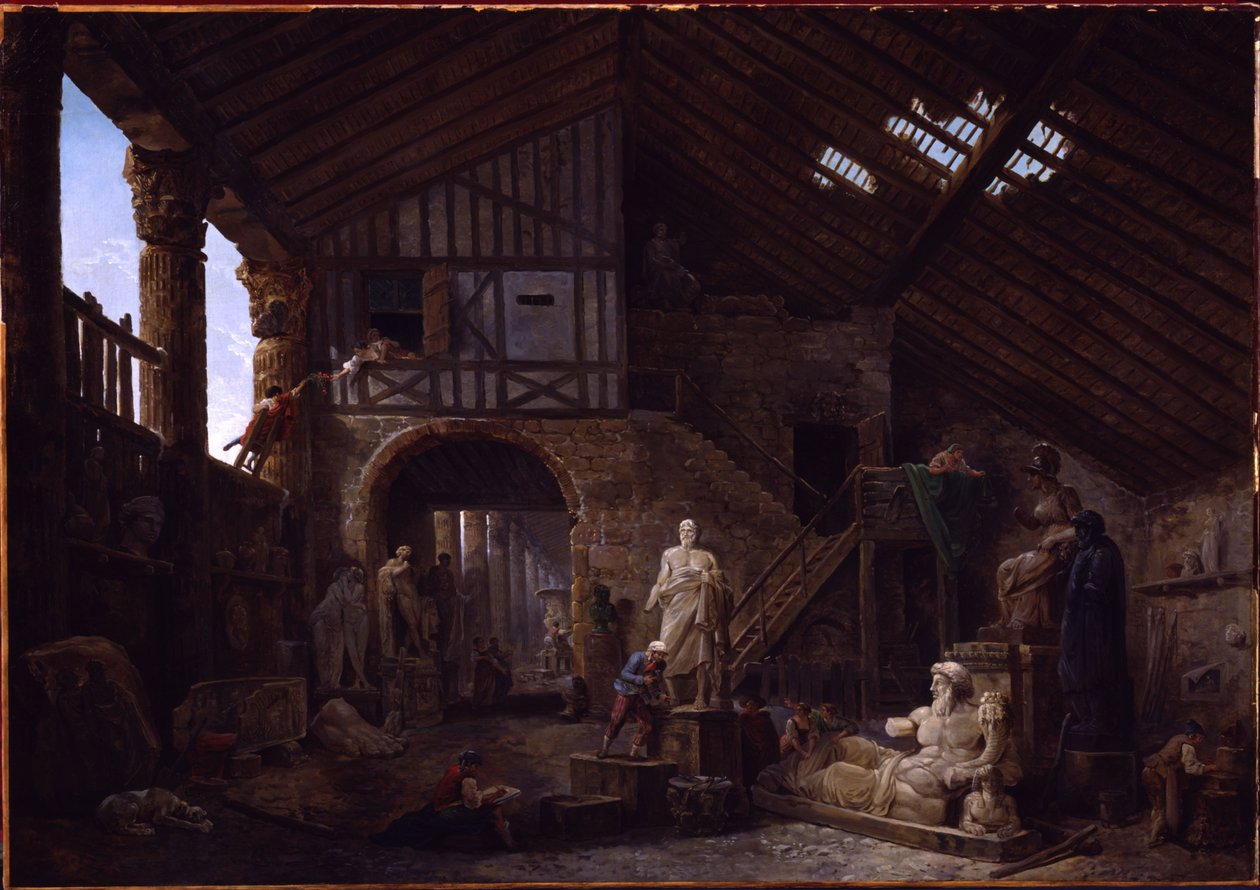 En antikvitetsrestauratörs ateljé i Rom av Hubert Robert