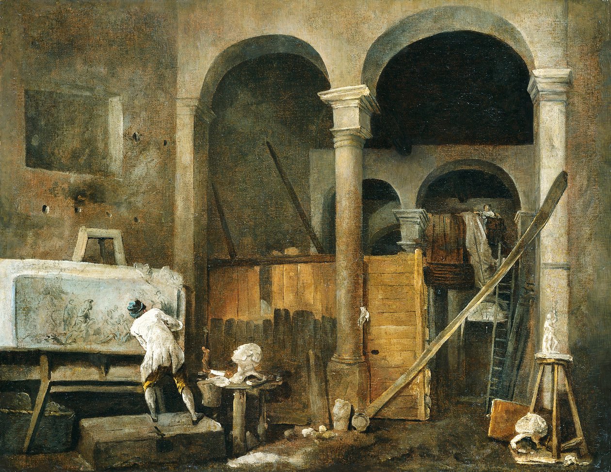 Konstnärens ateljé, ca 1760 (olja på duk) av Hubert Robert