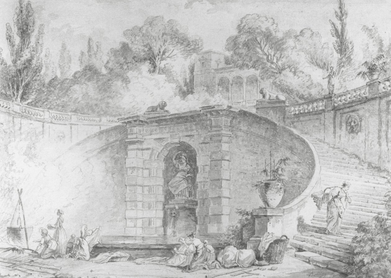 Den stora trappan, 1761-1765 (penna och svart bläck, pensel och grått tvätt och akvarell över svart krita underritning på benvitt papper, vattenmärkt) av Hubert Robert